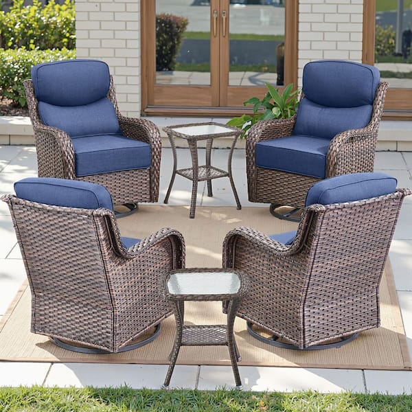 Jhxl Series 6-Piece Brown Wicker Patio Conversation Deep Seating Set with Blue Cushions