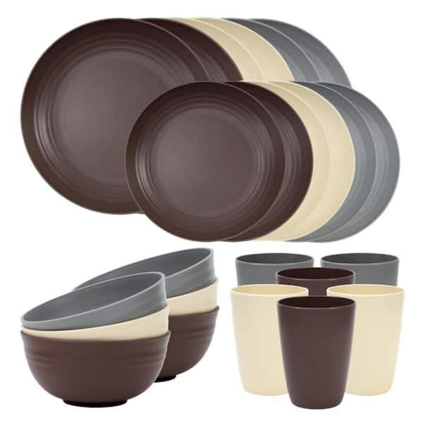 24-Piece Unbreakable Dinnerware Set, Outdoor Kitchen, Apartment Dinning and RV Essentials, Brown (Service for 6)