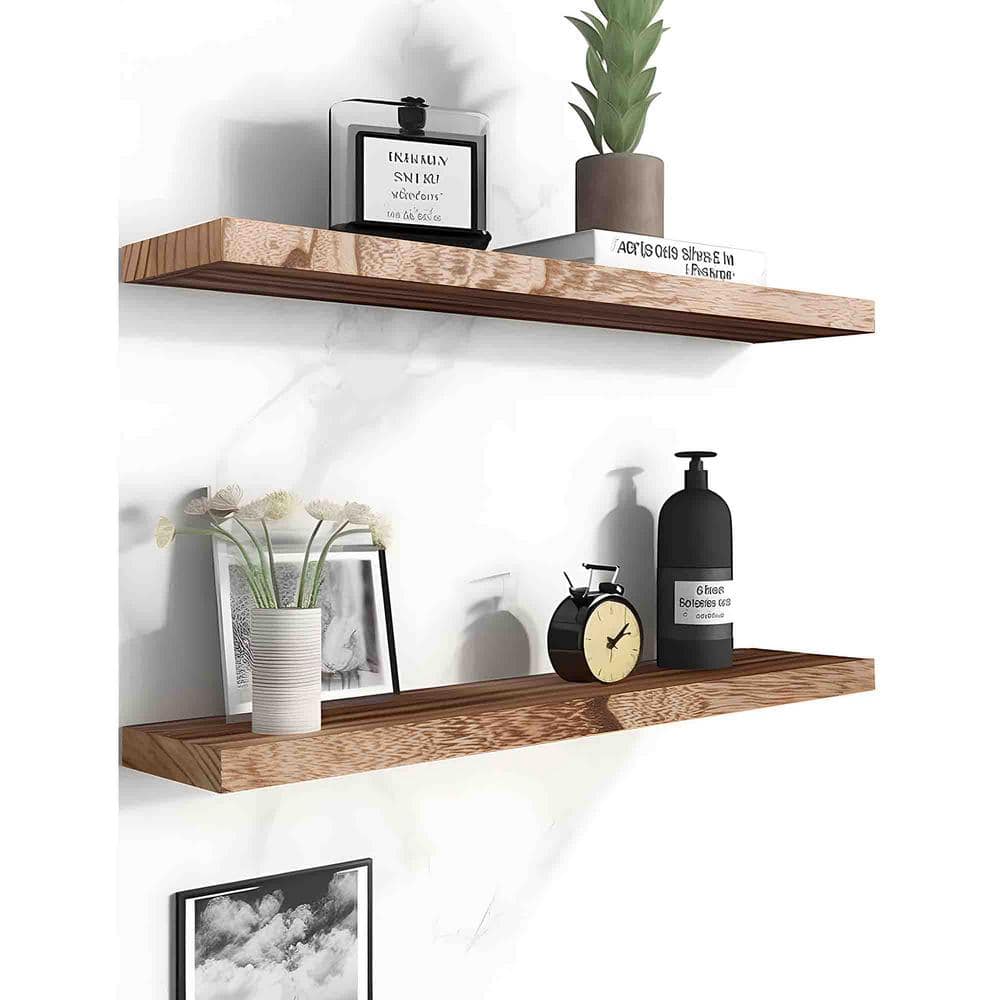 24 Inch Light Walnut Wood Floating Wall Shelves, Set of 4