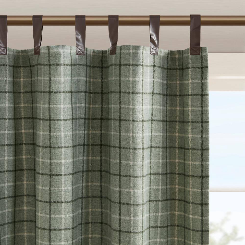 Green Plaid Polyester Tab Top Light-Filtering Drapes