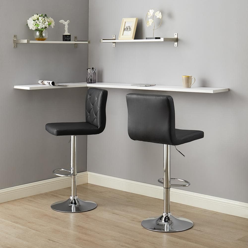 Adjustable Black Faux Leather Backless Swivel Bar Stools, Set of 2