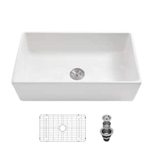 33 in. Farmhouse Apron-Front Single Bowl White Ceramic Kitchen Sink with Bottom Grid and Strainer