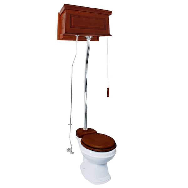 RENOVATORS SUPPLY MANUFACTURING Mahogany Wooden High Tank Pull Chain Toilet 2-Piece 1.6 GPF Single Flush Elogated Bowl in White with Brass Z Pipe