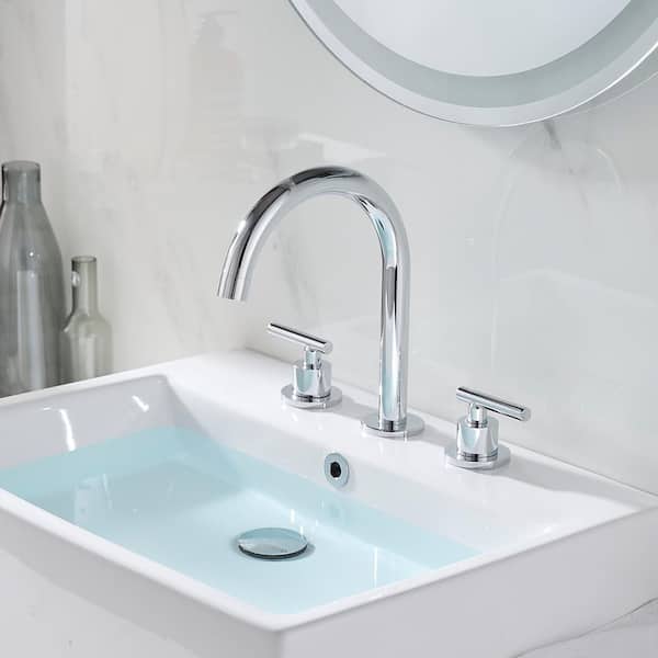 8 in. Widespread Double Handle High-Arc Bathroom Faucet Water-Saving With Drain Kit In Polished Chrome