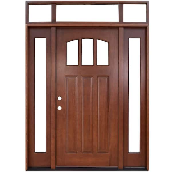 Steves & Sons 64 in. x 80 in. Craftsman 3 Lite Arch Stained Mahogany Wood Prehung Front Door with Sidelites and Transom