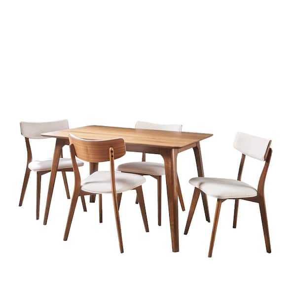 Noble House Megann Light Beige Fabric Upholstered and Natural Walnut Wood Dining Set (5-Piece)