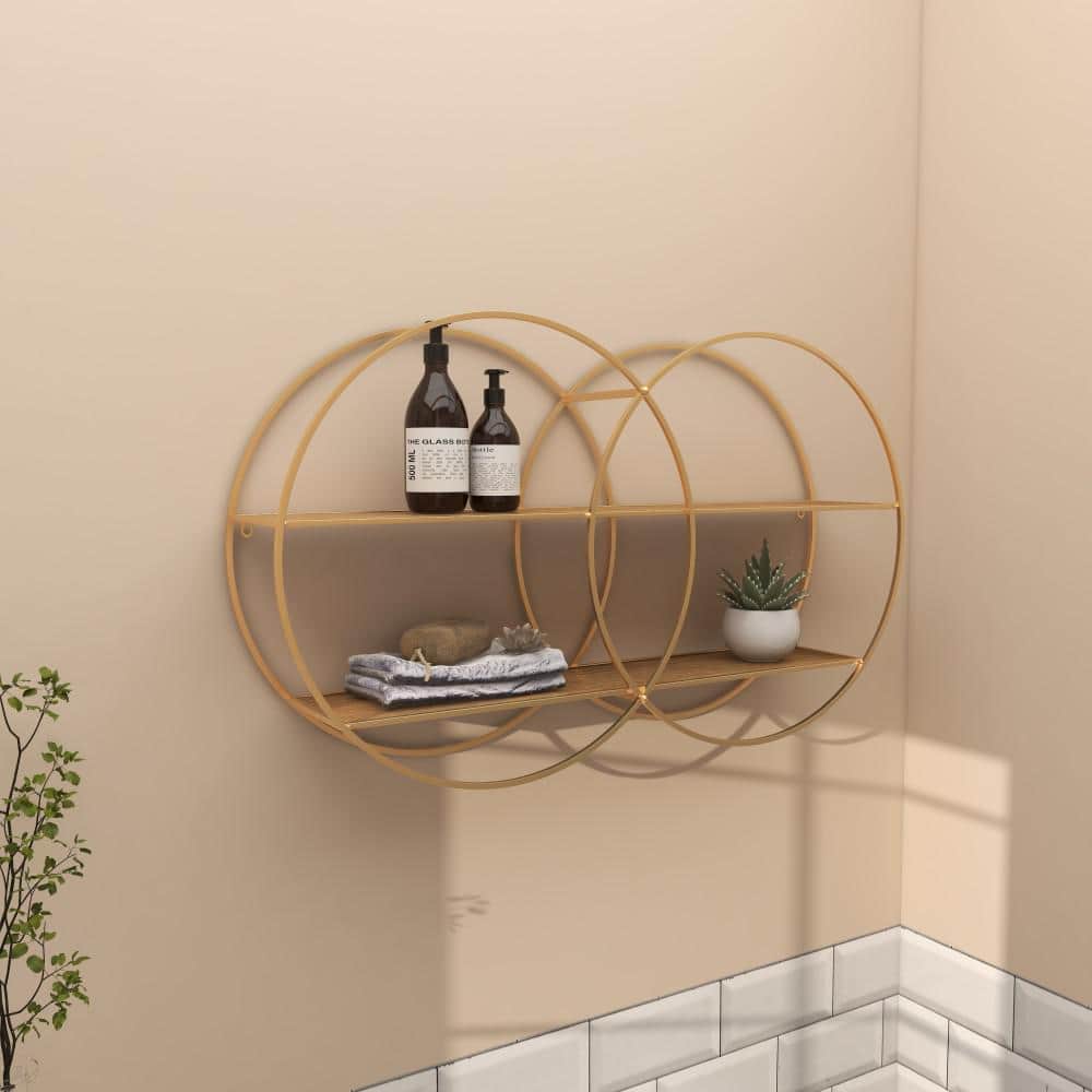 Elegant Rustic 30" Gold & Brown Iron 2-Tier Floating Wall Shelf