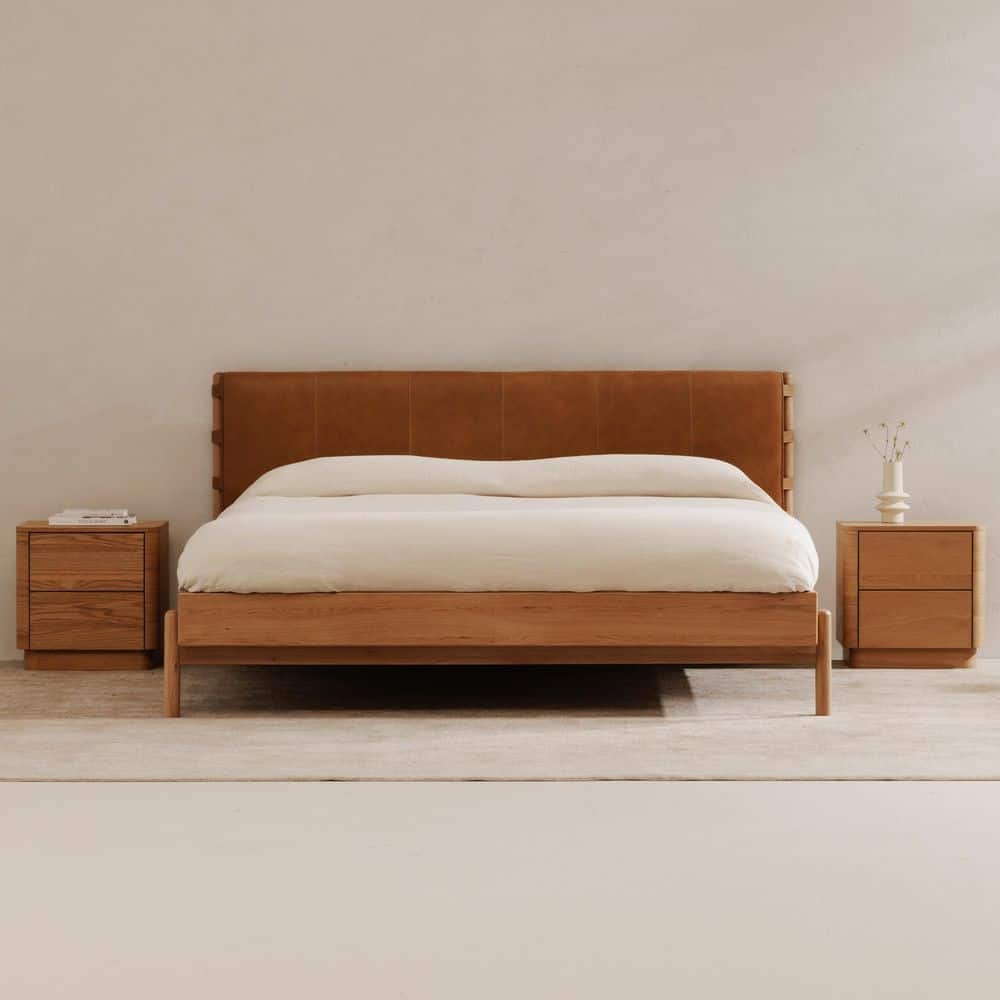 Ever Brown Leather and Oak Frame King Platform Bed with Rounded Legs