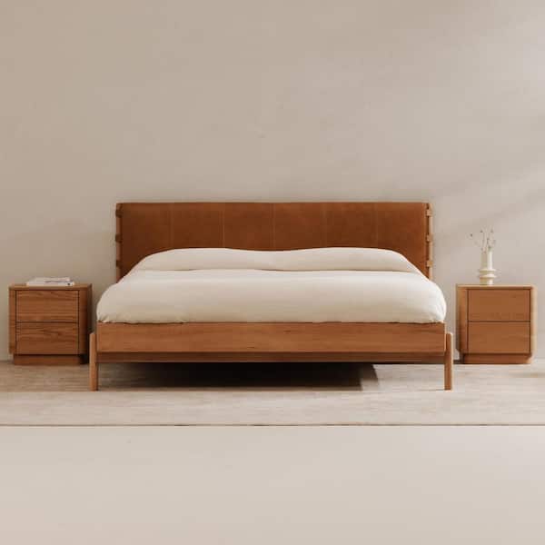 Ever Brown Leather and Oak Frame King Platform Bed with Rounded Legs