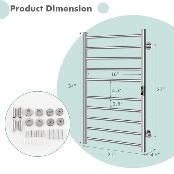 Costway 10 Bar Wall Mounted Towel Warmer Electric Drying Rack in Stainless  Steel with Timer in Silver F1W-10N215U1-SL - The Home Depot