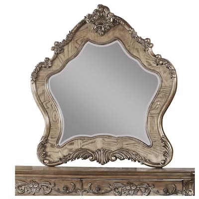 48" L x 3" W Brown and Silver Wooden Mirror with Scrollwork Crown and Trim Details