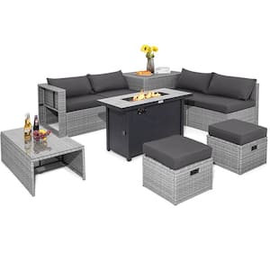 9-Pieces Wicker Patio Conversation Set Outdoor Sectional Sofa Set with 60,000 BTU Fire Pit and Gray Cushions