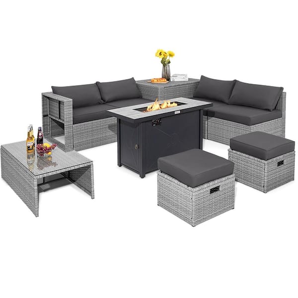 HONEY JOY 9-Pieces Wicker Patio Conversation Set Outdoor Sectional Sofa Set with 60,000 BTU Fire Pit and Gray Cushions