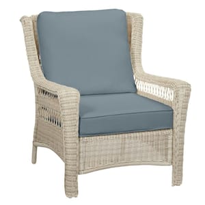 Park Meadows Off-White Wicker Outdoor Patio Lounge Chair with Sunbrella Denim Blue Cushions