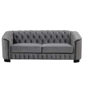 82 in. Square Arm Velvet Rectangle Sofa with Rubber Wood Legs in Gray