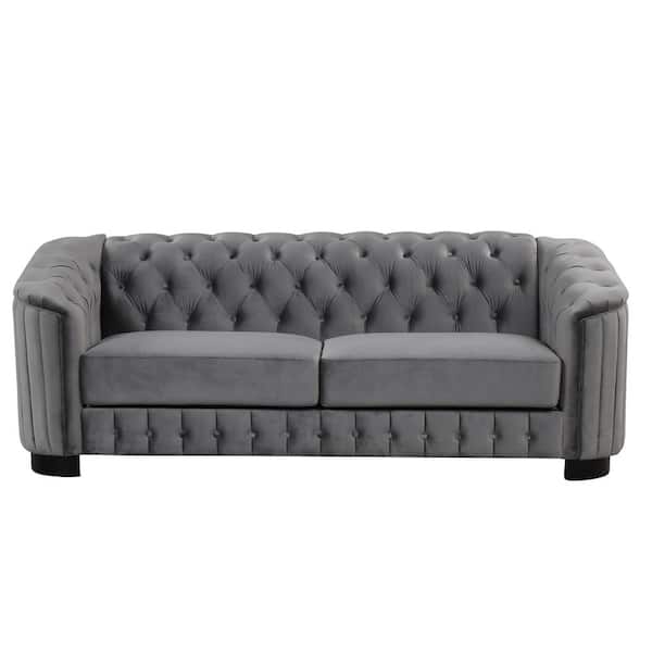 Polibi 82 in. Square Arm Velvet Rectangle Sofa with Rubber Wood Legs in Gray