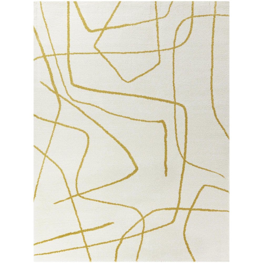 Mustard and Ivory Abstract Rectangular Synthetic Area Rug 6'7" x 9'