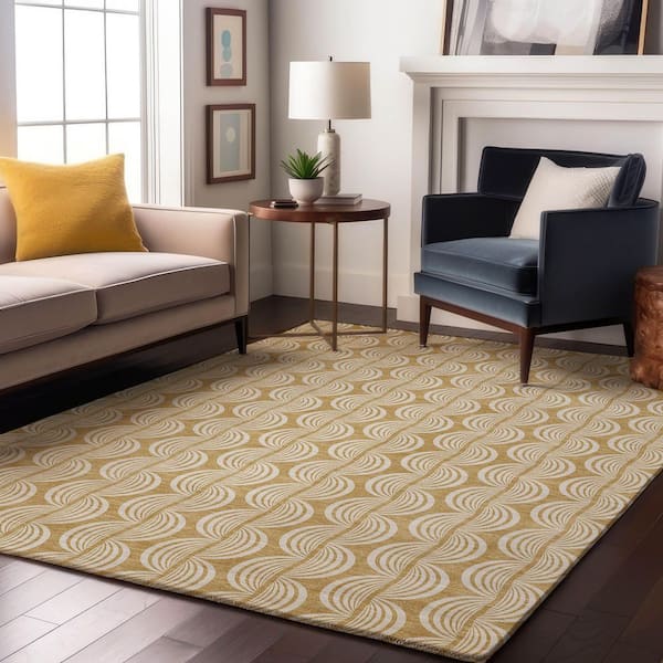 Mayfield Premium Machine Washable Abstract AMF1055 Gold 8 ft. x 10 ft. Area Rug