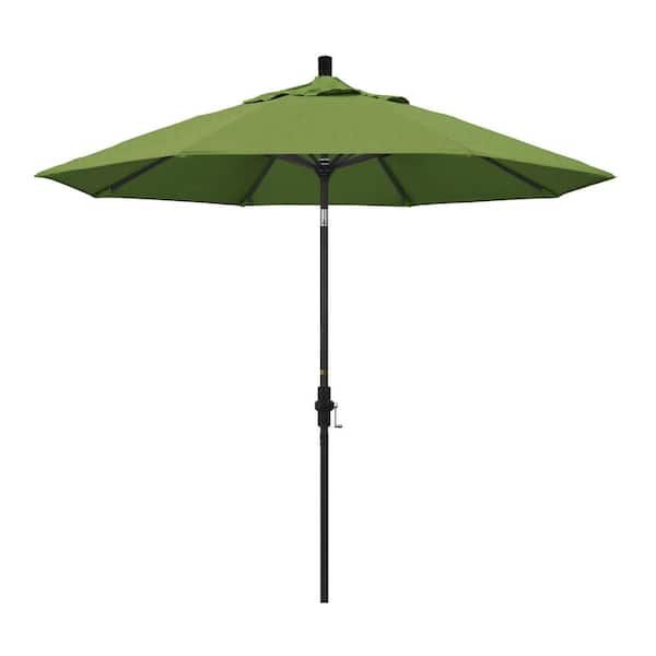 California Umbrella 9 ft. Stone Black Aluminum Market Patio Umbrella with Collar Tilt Crank Lift in Spectrum Cilantro Sunbrella