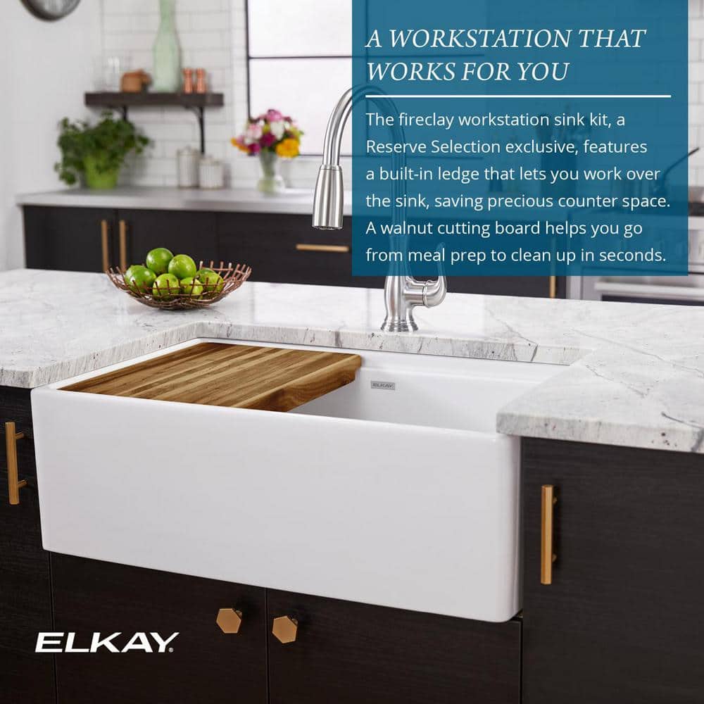 Elkay 33" White Fireclay Single Bowl Farmhouse Sink Kit