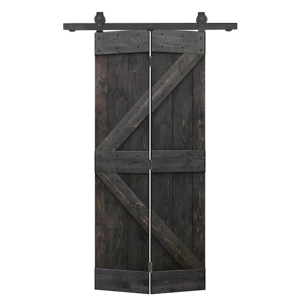 CALHOME 30 in. x 84 in. K Pre Assembled Solid Core Charcoal Black Stained Wood Bi-fold Barn Door with Sliding Hardware Kit