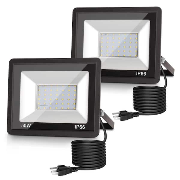 50W Black Plug-In Integrated LED Landscape Flood Light with Dusk to Dawn, IP66 Outdoor Light for Yard and Garage, 2-Pack