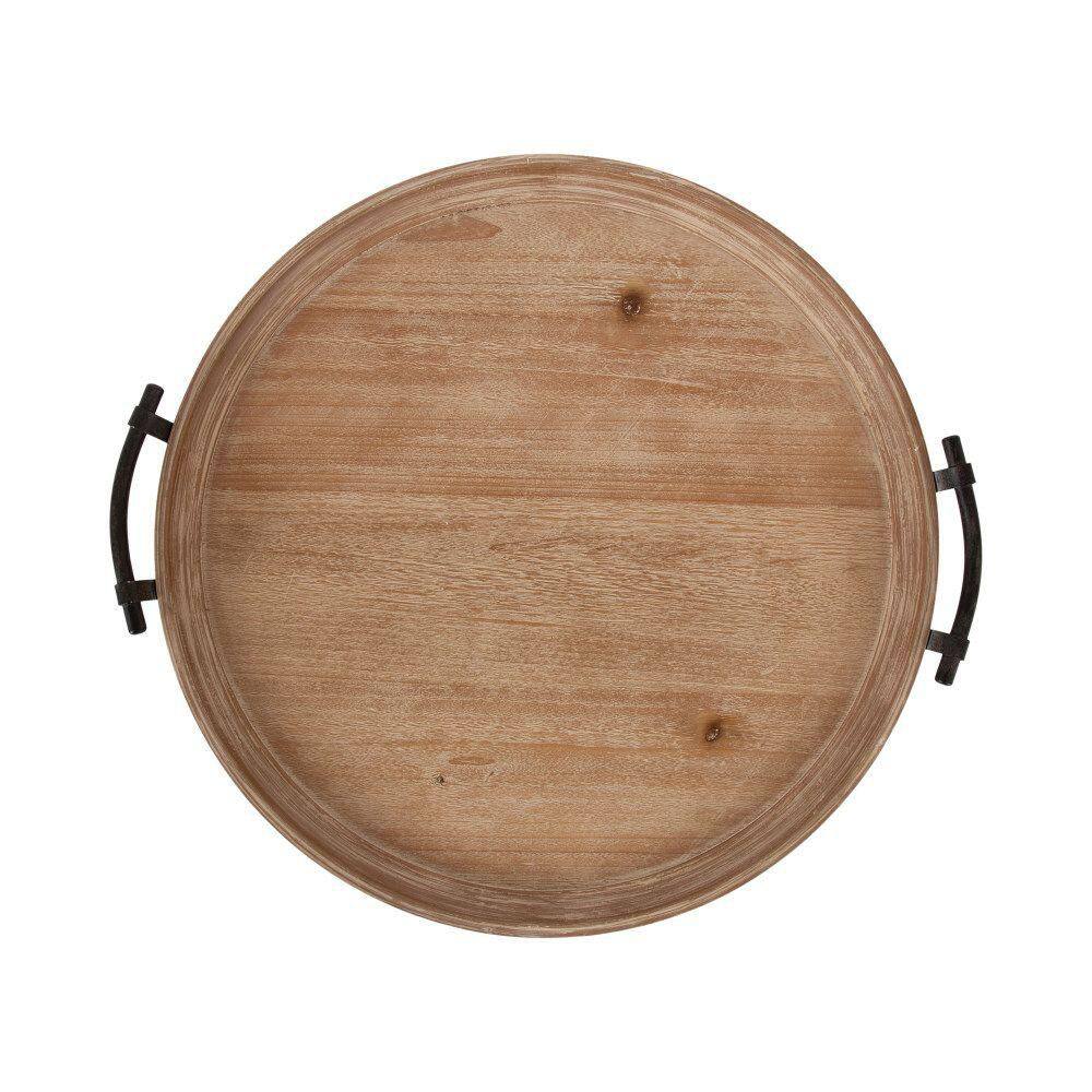 Bruillet Rustic Brown Round Wood Ottoman Tray with Black Metal Handles