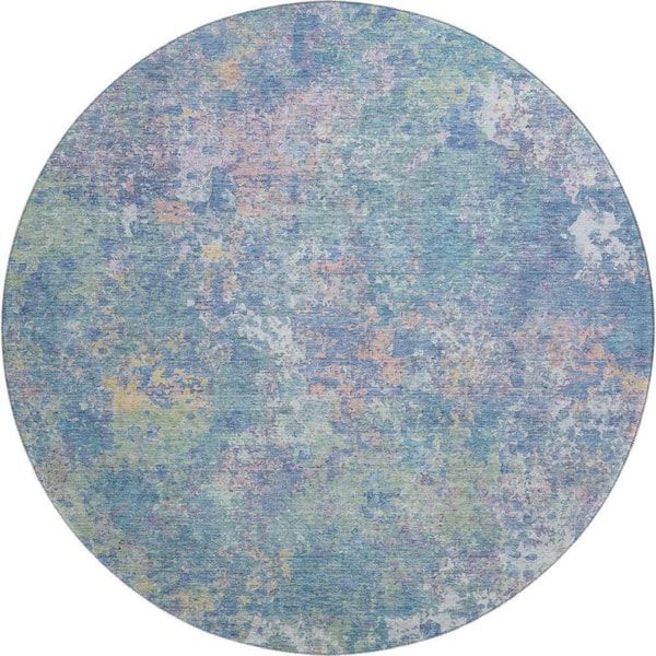 Mayfield Premium Machine Washable Abstract AMF2166 Aqua 8 ft. x 8 ft. Round Rug