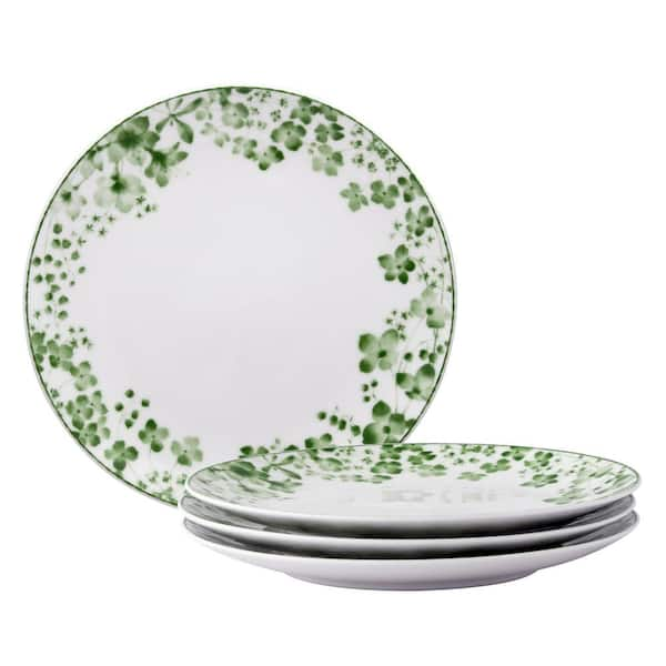 Bloomington Road 8.25 in. (White and Green) Porcelain Salad Plates, (Set of 4)