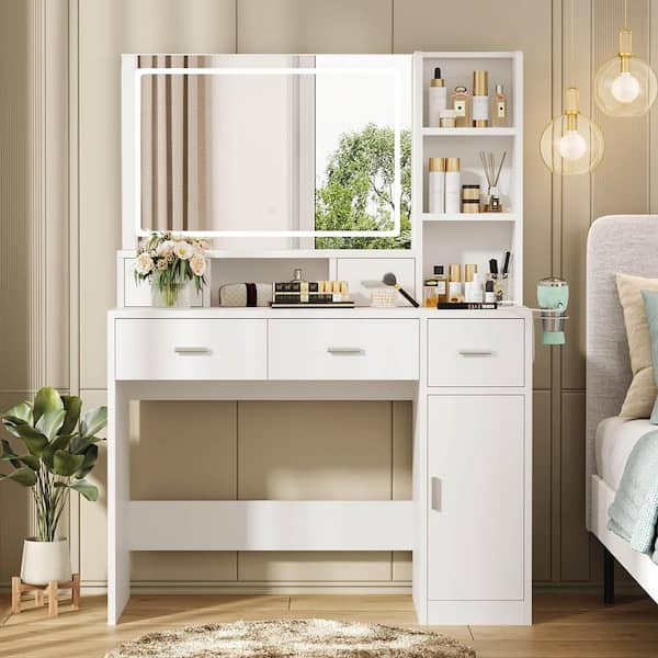 Angel Sar Smart Mirror White Makeup Vanity, Dressing Table with Drawers and Storage Cabinet, Bedroom Vanity without Stool