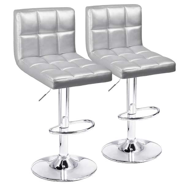 LACOO 33 in. - 44 in. Height Silver Low Back Metal Adjustable Bar Stool with PU Leather-Seat 360° Swivel (Set of 2)