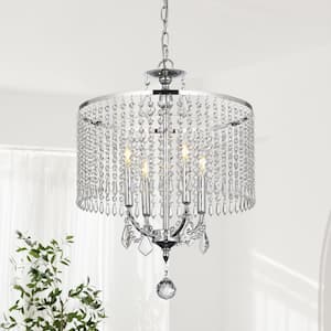 4-Light Polished Chrome Drum Chandelier with K9 Crystal Dangles, Glam Styled Dining Room Chandelier