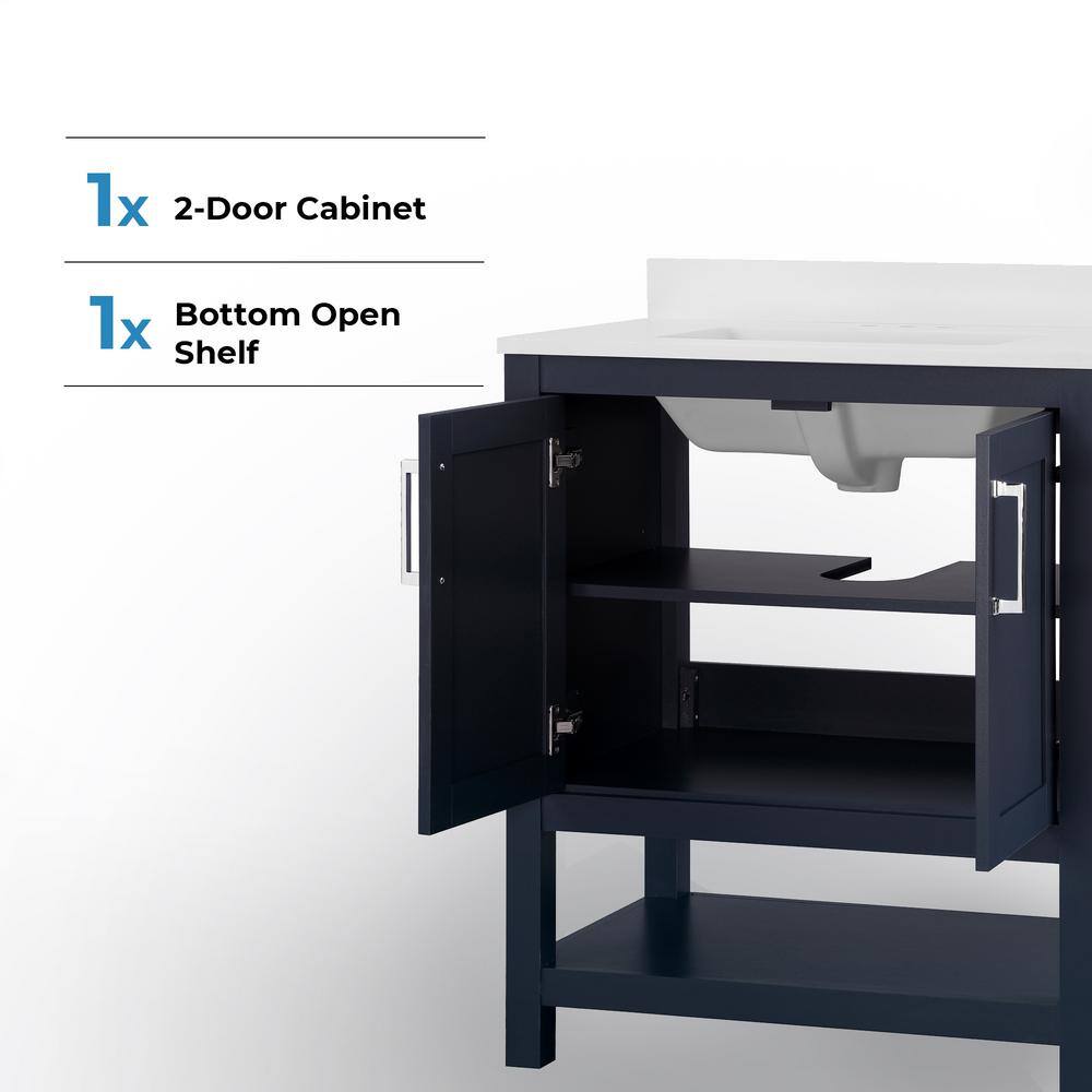 Midnight Blue Freestanding Bathroom Vanity with Marble Top, 30 Inch
