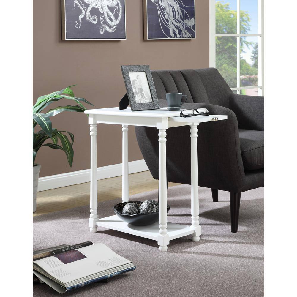 White Wood French Country End Table with Pull Out Tray