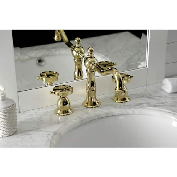 Vintage Cross Old-Fashion Basin 8 in. Widespread 2-Handle Bathroom Faucet  in Polished Brass