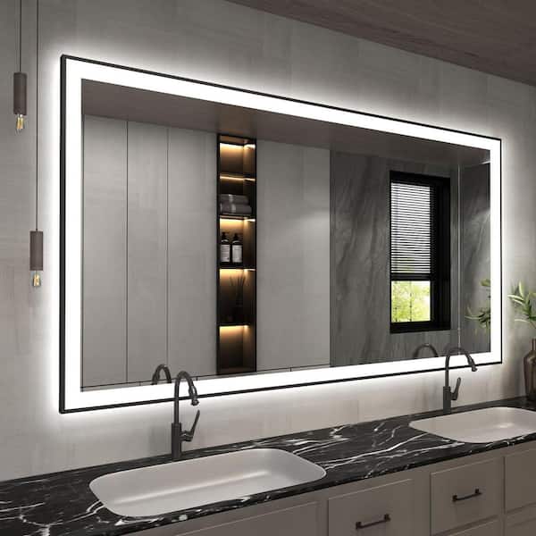 INSTER LINE 60 in. W x 36 in. H Rectangular Black Framed Wall Mount Anti-Fog Bathroom Vanity Mirror with LED Light and Memory
