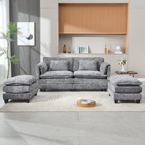76 in. Straight Arm 4-Piece Modular Chenille 2-Seater Sectional Sofa in. Gray with 2-Removable Ottomans and Side Pockets