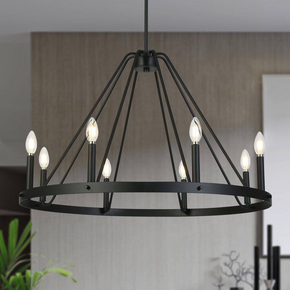 Industrial 32.5 in. W 8-Light Matte Black Wagon Wheel Chandelier for Living Room, Farmhouse Round Hanging Pendant Light price history on PriceWatchPro