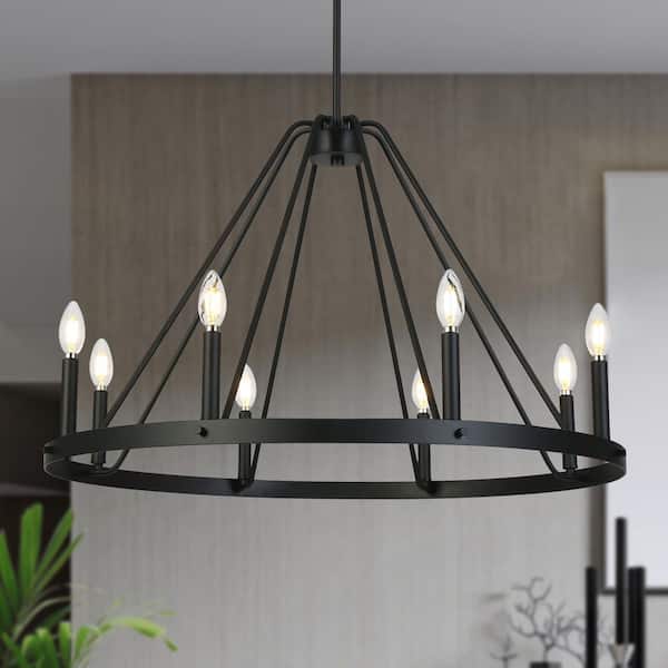 Industrial 32.5 in. W 8-Light Matte Black Wagon Wheel Chandelier for Living Room, Farmhouse Round Hanging Pendant Light
