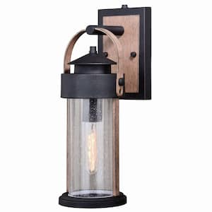 Cumberland 1 Light Dusk to Dawn Brown Wood Rustic Outdoor Wall Lantern Clear Glass