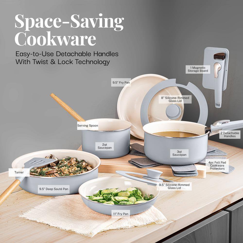 Gray and Cream Aluminum Ceramic Nonstick Cookware Set with Detachable Handles