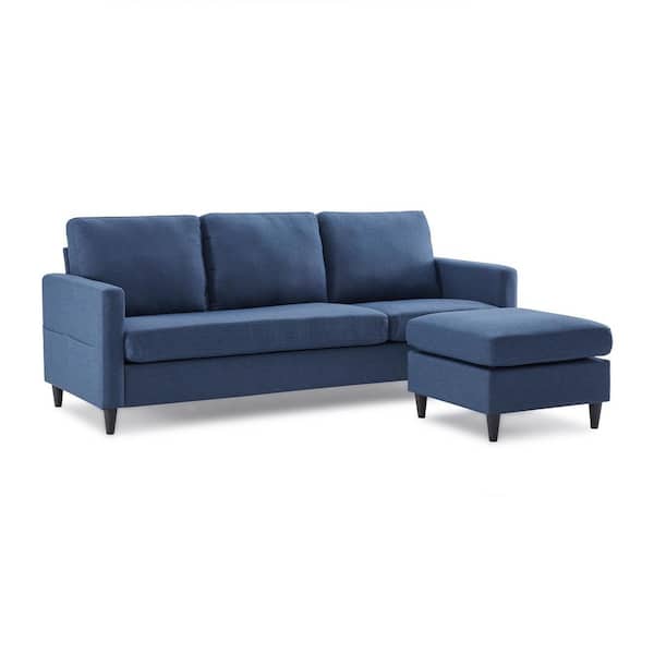 Angel Sar 82.6 in W Square Arm 2-Piece 4-Seat Reversible L Shaped Linen Sectional Sofa in Blue W/Handy Side Pocket