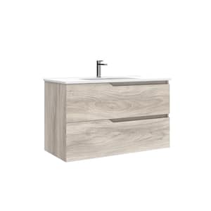 Menta 40 in. W x 18.1 in. D x 23.8 in. H Single Sink Wall Mounted Bath Vanity in Grey Pine with White Ceramic Top