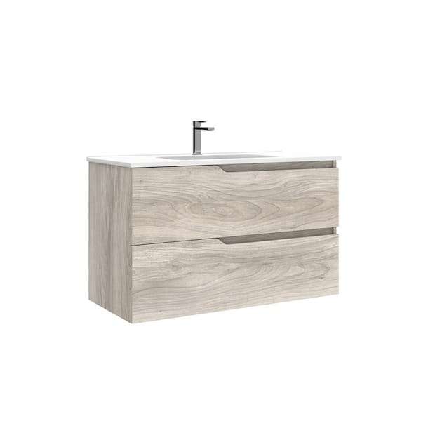 WS Bath Collections Menta 40 in. W x 18.1 in. D x 23.8 in. H Single Sink Wall Mounted Bath Vanity in Grey Pine with White Ceramic Top