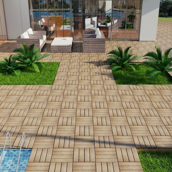 YOFE 1 ft. x 1 ft. DIY Outdoor Composite Wood-Plastic Interlocking Deck Tiles, Garage Floor Tiles in Teak Brown(22 Per Case)