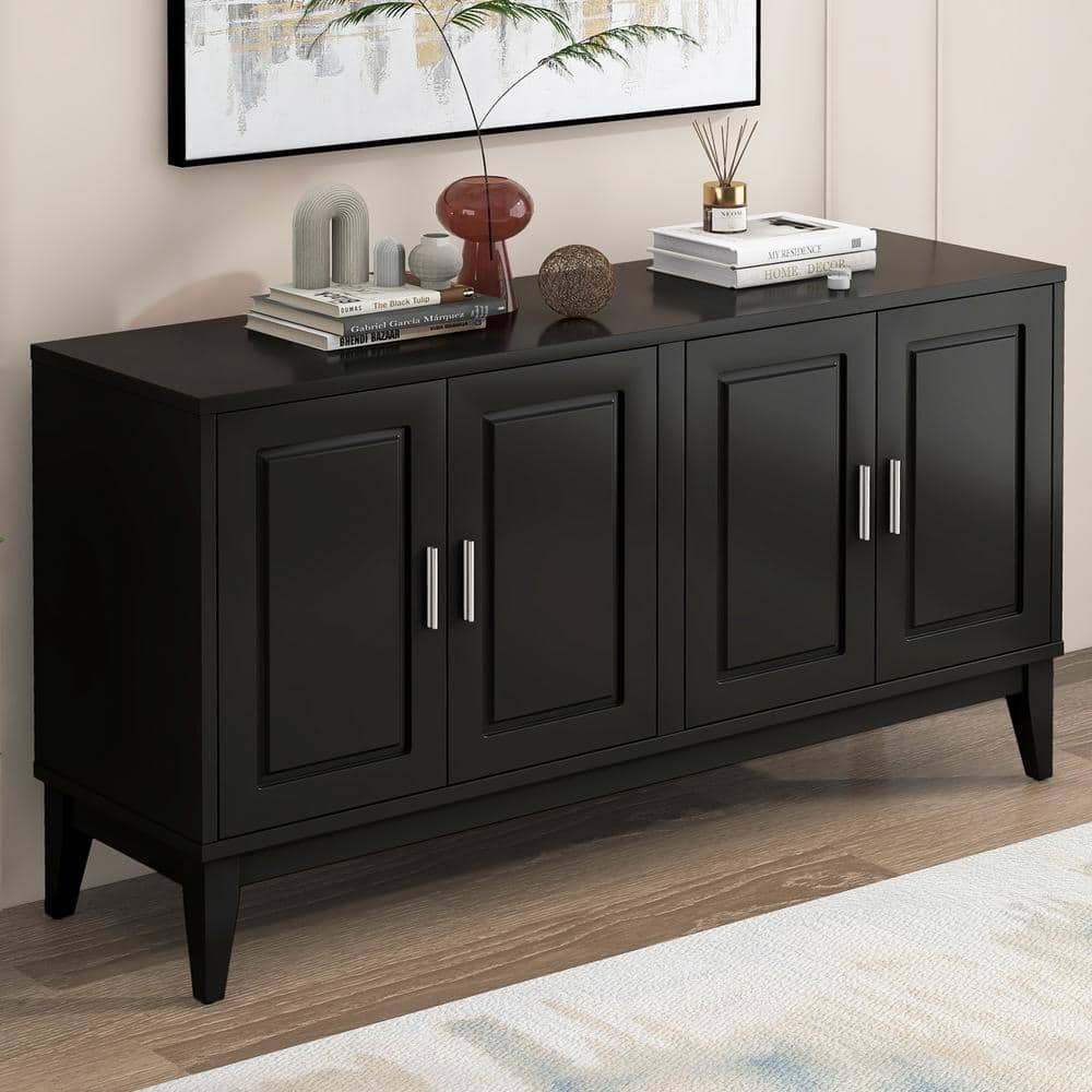 Black Rubberwood and MDF 60" Modern Sideboard with Adjustable Shelves
