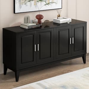 Ospera 60 in. Modern 4-Door Sideboard Storage Cabinet with Adjustable Shelves, Rubberwood, Black