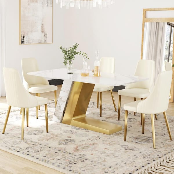 Magic Home 63 in. White Sintered Stone Tabletop with Gold Pedestal Legs ...