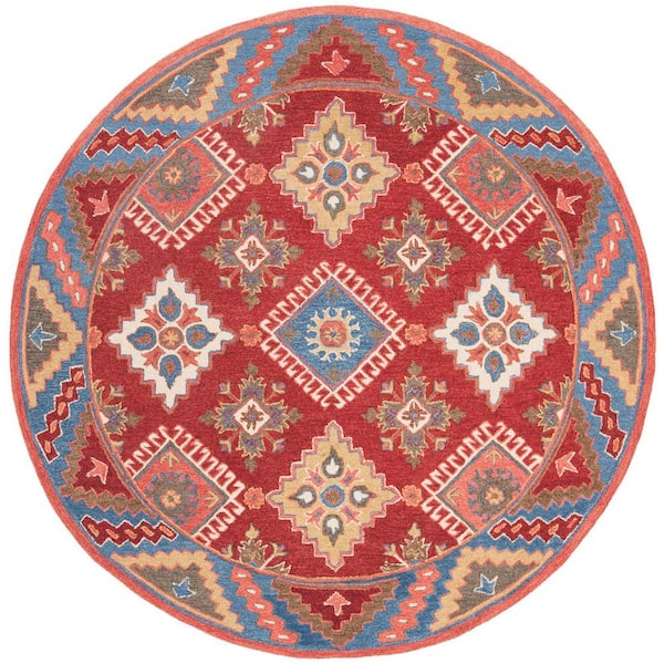 SAFAVIEH Aspen Red/Blue Doormat 3 ft. x 3 ft. Round Border Floral Diamond Area Rug
