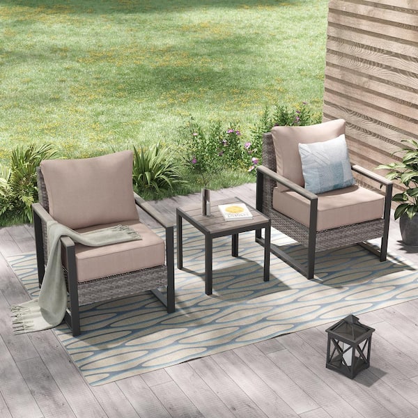 Sonkuki 3 Pieces Patio Conversation Set with Chairs and Side Table Gray PE Wicker Patio Furniture with Sand Cushion
